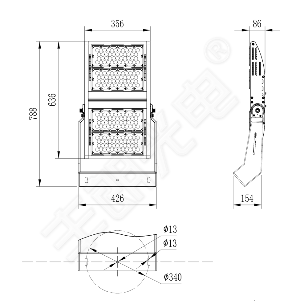 尺寸圖,QY球場燈,球場投光燈,體育照明,球場燈,網(wǎng)球場燈,高爾夫球場燈_豐朗光電